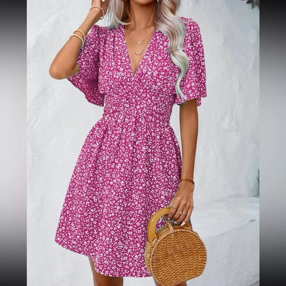Boho floral print butterfly sleeve mini dress_3